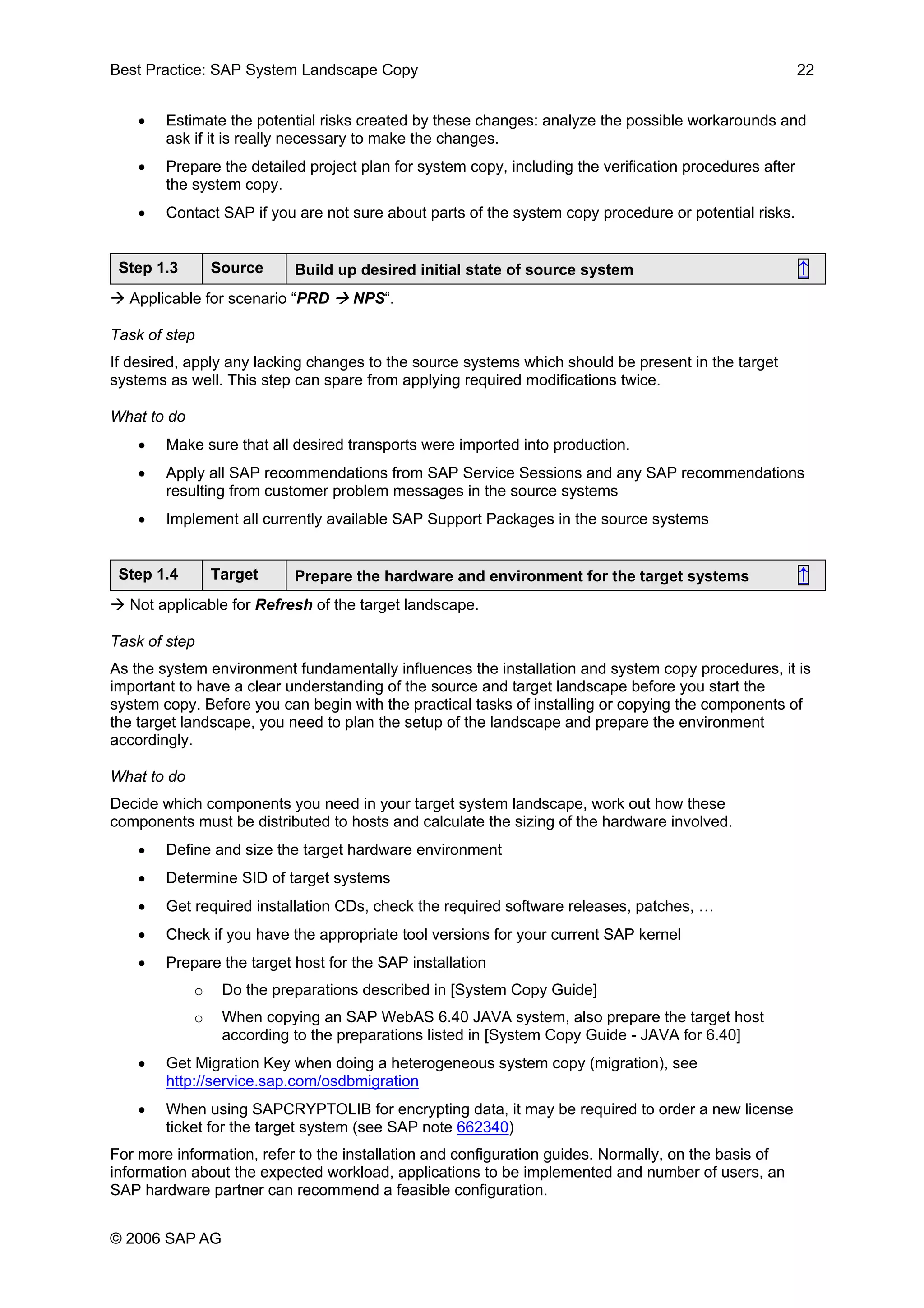 Best Practice: SAP System Landscape Copy 22
• Estimate the potential risks created by these changes: analyze the possible workarounds and
ask if it is really necessary to make the changes.
• Prepare the detailed project plan for system copy, including the verification procedures after
the system copy.
• Contact SAP if you are not sure about parts of the system copy procedure or potential risks.
Step 1.3 Source Build up desired initial state of source system ↑
Applicable for scenario “PRD NPS“.
Task of step
If desired, apply any lacking changes to the source systems which should be present in the target
systems as well. This step can spare from applying required modifications twice.
What to do
• Make sure that all desired transports were imported into production.
• Apply all SAP recommendations from SAP Service Sessions and any SAP recommendations
resulting from customer problem messages in the source systems
• Implement all currently available SAP Support Packages in the source systems
Step 1.4 Target Prepare the hardware and environment for the target systems ↑
Not applicable for Refresh of the target landscape.
Task of step
As the system environment fundamentally influences the installation and system copy procedures, it is
important to have a clear understanding of the source and target landscape before you start the
system copy. Before you can begin with the practical tasks of installing or copying the components of
the target landscape, you need to plan the setup of the landscape and prepare the environment
accordingly.
What to do
Decide which components you need in your target system landscape, work out how these
components must be distributed to hosts and calculate the sizing of the hardware involved.
• Define and size the target hardware environment
• Determine SID of target systems
• Get required installation CDs, check the required software releases, patches, …
• Check if you have the appropriate tool versions for your current SAP kernel
• Prepare the target host for the SAP installation
o Do the preparations described in [System Copy Guide]
o When copying an SAP WebAS 6.40 JAVA system, also prepare the target host
according to the preparations listed in [System Copy Guide - JAVA for 6.40]
• Get Migration Key when doing a heterogeneous system copy (migration), see
http://service.sap.com/osdbmigration
• When using SAPCRYPTOLIB for encrypting data, it may be required to order a new license
ticket for the target system (see SAP note 662340)
For more information, refer to the installation and configuration guides. Normally, on the basis of
information about the expected workload, applications to be implemented and number of users, an
SAP hardware partner can recommend a feasible configuration.
© 2006 SAP AG
 