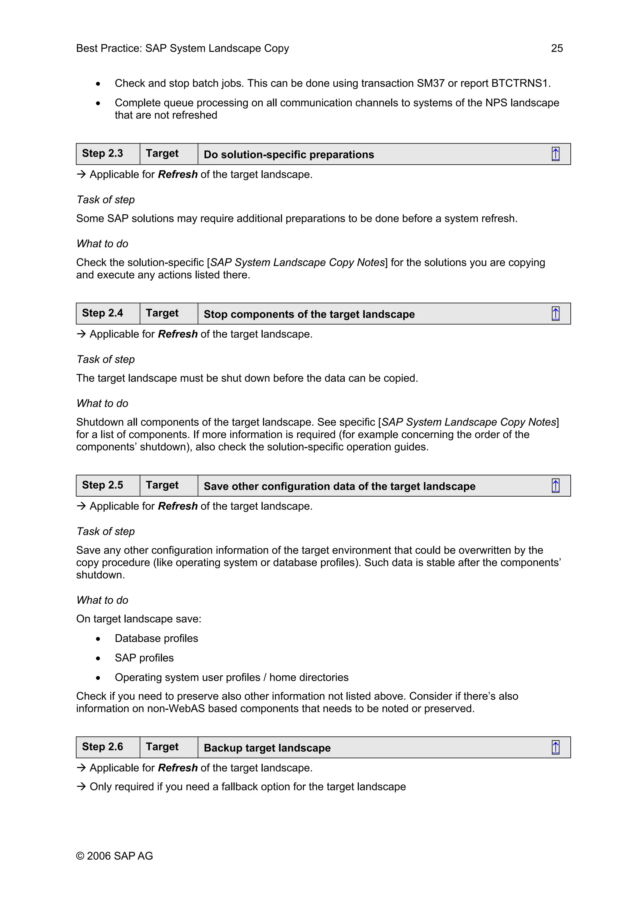 Best Practice: SAP System Landscape Copy 25
• Check and stop batch jobs. This can be done using transaction SM37 or report BTCTRNS1.
• Complete queue processing on all communication channels to systems of the NPS landscape
that are not refreshed
Step 2.3 Target Do solution-specific preparations ↑
Applicable for Refresh of the target landscape.
Task of step
Some SAP solutions may require additional preparations to be done before a system refresh.
What to do
Check the solution-specific [SAP System Landscape Copy Notes] for the solutions you are copying
and execute any actions listed there.
Step 2.4 Target Stop components of the target landscape ↑
Applicable for Refresh of the target landscape.
Task of step
The target landscape must be shut down before the data can be copied.
What to do
Shutdown all components of the target landscape. See specific [SAP System Landscape Copy Notes]
for a list of components. If more information is required (for example concerning the order of the
components’ shutdown), also check the solution-specific operation guides.
Step 2.5 Target Save other configuration data of the target landscape ↑
Applicable for Refresh of the target landscape.
Task of step
Save any other configuration information of the target environment that could be overwritten by the
copy procedure (like operating system or database profiles). Such data is stable after the components’
shutdown.
What to do
On target landscape save:
• Database profiles
• SAP profiles
• Operating system user profiles / home directories
Check if you need to preserve also other information not listed above. Consider if there’s also
information on non-WebAS based components that needs to be noted or preserved.
Step 2.6 Target Backup target landscape ↑
Applicable for Refresh of the target landscape.
Only required if you need a fallback option for the target landscape
© 2006 SAP AG
 