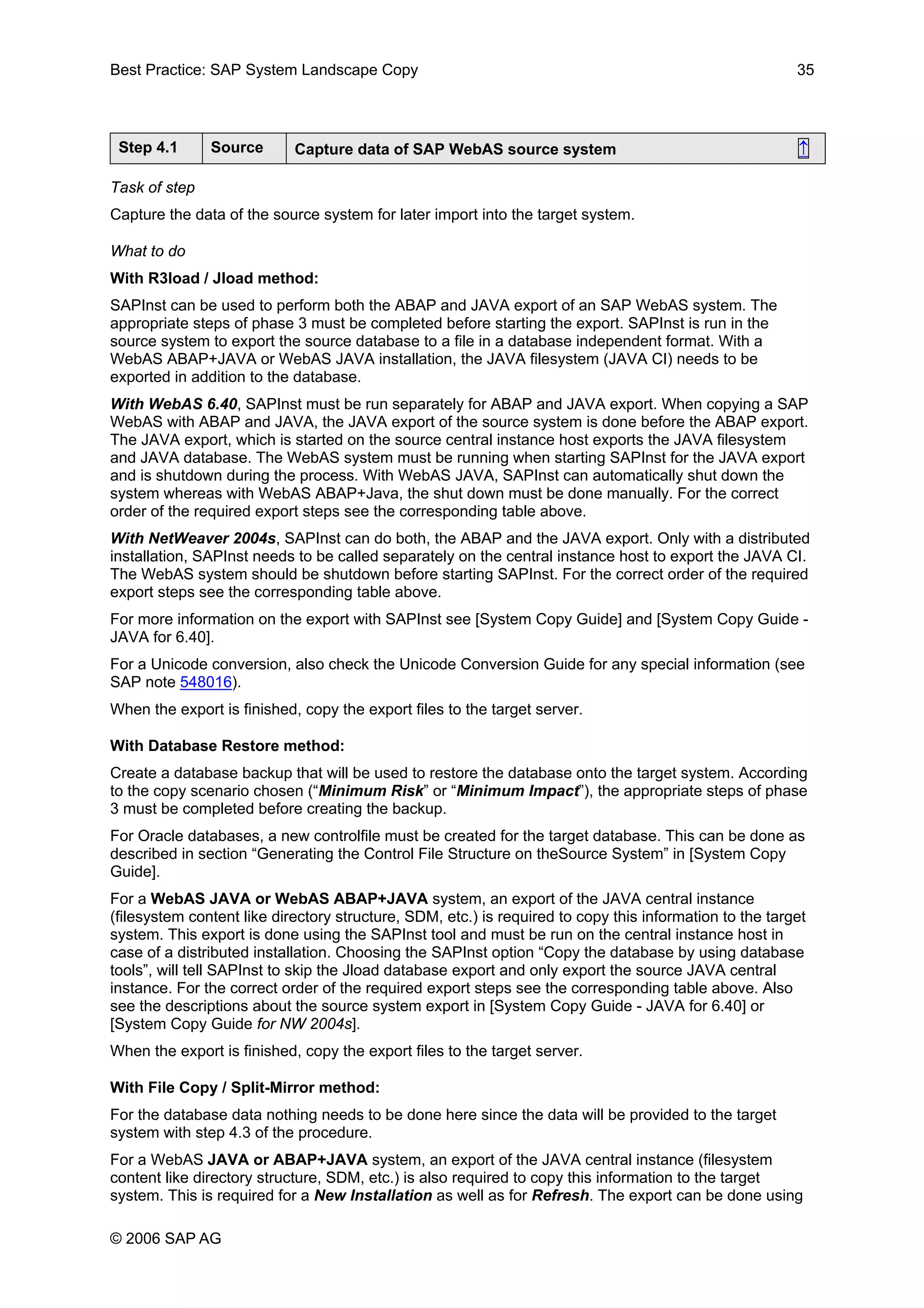 Best Practice: SAP System Landscape Copy 35
Step 4.1 Source Capture data of SAP WebAS source system ↑
Task of step
Capture the data of the source system for later import into the target system.
What to do
With R3load / Jload method:
SAPInst can be used to perform both the ABAP and JAVA export of an SAP WebAS system. The
appropriate steps of phase 3 must be completed before starting the export. SAPInst is run in the
source system to export the source database to a file in a database independent format. With a
WebAS ABAP+JAVA or WebAS JAVA installation, the JAVA filesystem (JAVA CI) needs to be
exported in addition to the database.
With WebAS 6.40, SAPInst must be run separately for ABAP and JAVA export. When copying a SAP
WebAS with ABAP and JAVA, the JAVA export of the source system is done before the ABAP export.
The JAVA export, which is started on the source central instance host exports the JAVA filesystem
and JAVA database. The WebAS system must be running when starting SAPInst for the JAVA export
and is shutdown during the process. With WebAS JAVA, SAPInst can automatically shut down the
system whereas with WebAS ABAP+Java, the shut down must be done manually. For the correct
order of the required export steps see the corresponding table above.
With NetWeaver 2004s, SAPInst can do both, the ABAP and the JAVA export. Only with a distributed
installation, SAPInst needs to be called separately on the central instance host to export the JAVA CI.
The WebAS system should be shutdown before starting SAPInst. For the correct order of the required
export steps see the corresponding table above.
For more information on the export with SAPInst see [System Copy Guide] and [System Copy Guide -
JAVA for 6.40].
For a Unicode conversion, also check the Unicode Conversion Guide for any special information (see
SAP note 548016).
When the export is finished, copy the export files to the target server.
With Database Restore method:
Create a database backup that will be used to restore the database onto the target system. According
to the copy scenario chosen (“Minimum Risk” or “Minimum Impact”), the appropriate steps of phase
3 must be completed before creating the backup.
For Oracle databases, a new controlfile must be created for the target database. This can be done as
described in section “Generating the Control File Structure on theSource System” in [System Copy
Guide].
For a WebAS JAVA or WebAS ABAP+JAVA system, an export of the JAVA central instance
(filesystem content like directory structure, SDM, etc.) is required to copy this information to the target
system. This export is done using the SAPInst tool and must be run on the central instance host in
case of a distributed installation. Choosing the SAPInst option “Copy the database by using database
tools”, will tell SAPInst to skip the Jload database export and only export the source JAVA central
instance. For the correct order of the required export steps see the corresponding table above. Also
see the descriptions about the source system export in [System Copy Guide - JAVA for 6.40] or
[System Copy Guide for NW 2004s].
When the export is finished, copy the export files to the target server.
With File Copy / Split-Mirror method:
For the database data nothing needs to be done here since the data will be provided to the target
system with step 4.3 of the procedure.
For a WebAS JAVA or ABAP+JAVA system, an export of the JAVA central instance (filesystem
content like directory structure, SDM, etc.) is also required to copy this information to the target
system. This is required for a New Installation as well as for Refresh. The export can be done using
© 2006 SAP AG
 