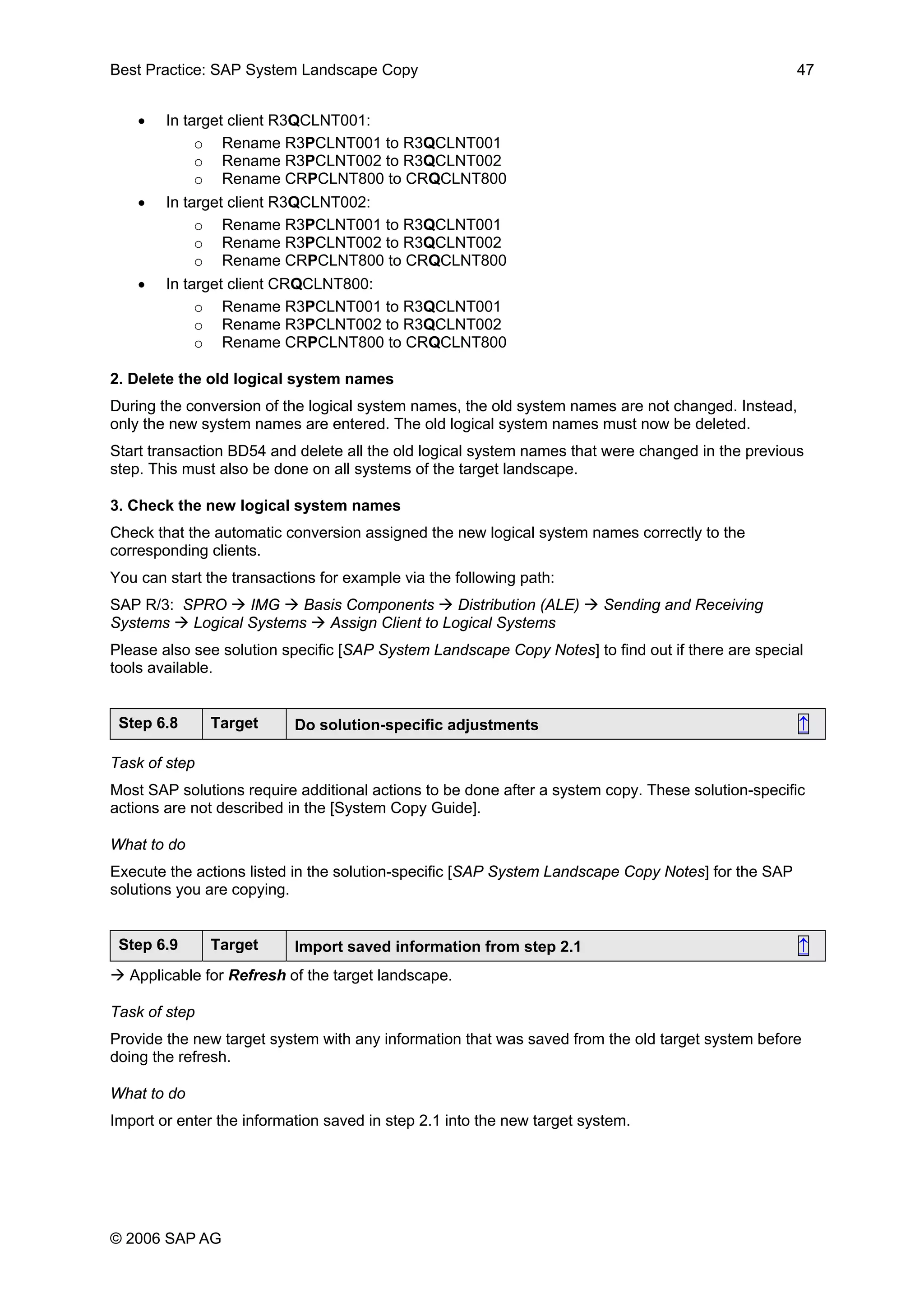 Best Practice: SAP System Landscape Copy 47
• In target client R3QCLNT001:
o Rename R3PCLNT001 to R3QCLNT001
o Rename R3PCLNT002 to R3QCLNT002
o Rename CRPCLNT800 to CRQCLNT800
• In target client R3QCLNT002:
o Rename R3PCLNT001 to R3QCLNT001
o Rename R3PCLNT002 to R3QCLNT002
o Rename CRPCLNT800 to CRQCLNT800
• In target client CRQCLNT800:
o Rename R3PCLNT001 to R3QCLNT001
o Rename R3PCLNT002 to R3QCLNT002
o Rename CRPCLNT800 to CRQCLNT800
2. Delete the old logical system names
During the conversion of the logical system names, the old system names are not changed. Instead,
only the new system names are entered. The old logical system names must now be deleted.
Start transaction BD54 and delete all the old logical system names that were changed in the previous
step. This must also be done on all systems of the target landscape.
3. Check the new logical system names
Check that the automatic conversion assigned the new logical system names correctly to the
corresponding clients.
You can start the transactions for example via the following path:
SAP R/3: SPRO IMG Basis Components Distribution (ALE) Sending and Receiving
Systems Logical Systems Assign Client to Logical Systems
Please also see solution specific [SAP System Landscape Copy Notes] to find out if there are special
tools available.
Step 6.8 Target Do solution-specific adjustments ↑
Task of step
Most SAP solutions require additional actions to be done after a system copy. These solution-specific
actions are not described in the [System Copy Guide].
What to do
Execute the actions listed in the solution-specific [SAP System Landscape Copy Notes] for the SAP
solutions you are copying.
Step 6.9 Target Import saved information from step 2.1 ↑
Applicable for Refresh of the target landscape.
Task of step
Provide the new target system with any information that was saved from the old target system before
doing the refresh.
What to do
Import or enter the information saved in step 2.1 into the new target system.
© 2006 SAP AG
 