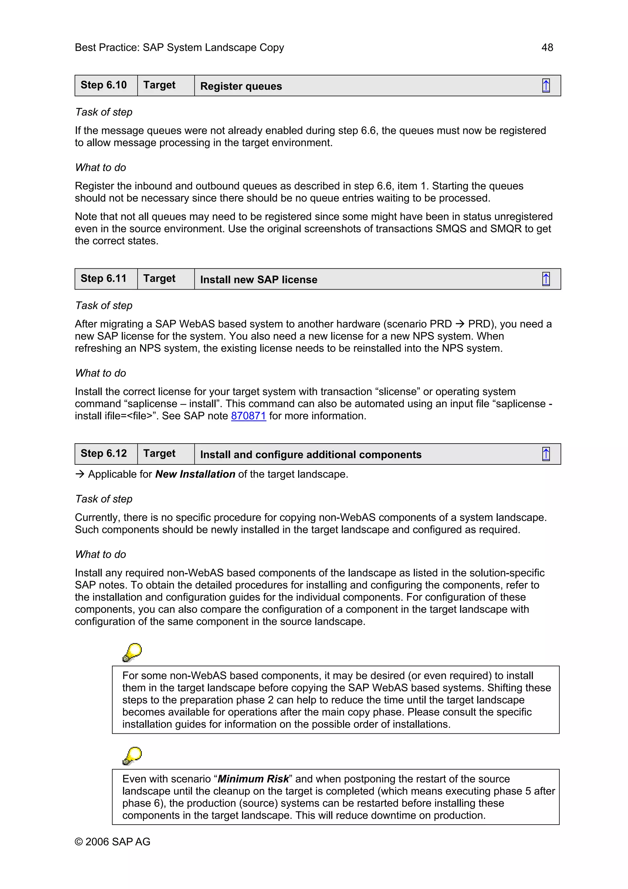 Best Practice: SAP System Landscape Copy 48
Step 6.10 Target Register queues ↑
Task of step
If the message queues were not already enabled during step 6.6, the queues must now be registered
to allow message processing in the target environment.
What to do
Register the inbound and outbound queues as described in step 6.6, item 1. Starting the queues
should not be necessary since there should be no queue entries waiting to be processed.
Note that not all queues may need to be registered since some might have been in status unregistered
even in the source environment. Use the original screenshots of transactions SMQS and SMQR to get
the correct states.
Step 6.11 Target Install new SAP license ↑
Task of step
After migrating a SAP WebAS based system to another hardware (scenario PRD PRD), you need a
new SAP license for the system. You also need a new license for a new NPS system. When
refreshing an NPS system, the existing license needs to be reinstalled into the NPS system.
What to do
Install the correct license for your target system with transaction “slicense” or operating system
command “saplicense – install”. This command can also be automated using an input file “saplicense -
install ifile=<file>”. See SAP note 870871 for more information.
Step 6.12 Target Install and configure additional components ↑
Applicable for New Installation of the target landscape.
Task of step
Currently, there is no specific procedure for copying non-WebAS components of a system landscape.
Such components should be newly installed in the target landscape and configured as required.
What to do
Install any required non-WebAS based components of the landscape as listed in the solution-specific
SAP notes. To obtain the detailed procedures for installing and configuring the components, refer to
the installation and configuration guides for the individual components. For configuration of these
components, you can also compare the configuration of a component in the target landscape with
configuration of the same component in the source landscape.
For some non-WebAS based components, it may be desired (or even required) to install
them in the target landscape before copying the SAP WebAS based systems. Shifting these
steps to the preparation phase 2 can help to reduce the time until the target landscape
becomes available for operations after the main copy phase. Please consult the specific
installation guides for information on the possible order of installations.
Even with scenario “Minimum Risk” and when postponing the restart of the source
landscape until the cleanup on the target is completed (which means executing phase 5 after
phase 6), the production (source) systems can be restarted before installing these
components in the target landscape. This will reduce downtime on production.
© 2006 SAP AG
 