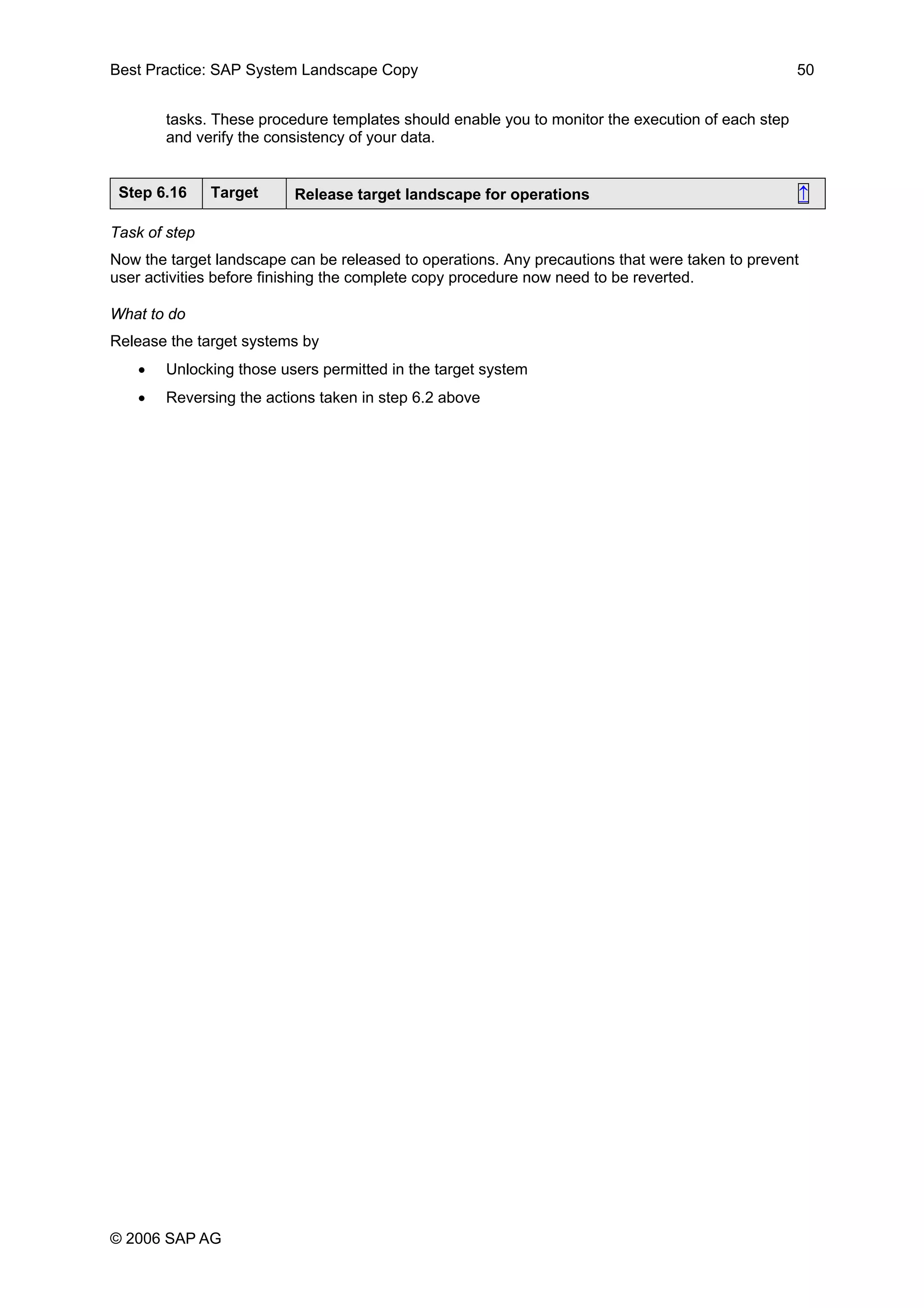 Best Practice: SAP System Landscape Copy 50
tasks. These procedure templates should enable you to monitor the execution of each step
and verify the consistency of your data.
Step 6.16 Target Release target landscape for operations ↑
Task of step
Now the target landscape can be released to operations. Any precautions that were taken to prevent
user activities before finishing the complete copy procedure now need to be reverted.
What to do
Release the target systems by
• Unlocking those users permitted in the target system
• Reversing the actions taken in step 6.2 above
© 2006 SAP AG
 