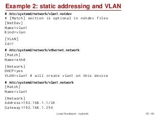 Example 2: static addressing and VLAN
# /etc/systemd/network/vlan1.netdev
# [Match] section is optional in netdev files
[NetDev]
Name=vlan1
Kind=vlan
[VLAN]
Id=1
# /etc/systemd/network/ethernet.network
[Match]
Name=eth0
[Network]
DHCP=yes
VLAN=vlan1 # will create vlan1 on this device
# /etc/systemd/network/vlan1.network
[Match]
Name=vlan1
[Network]
Address =192.168.1.1/24
Gateway =192.168.1.254
Lucas Nussbaum systemd 35 / 40
 