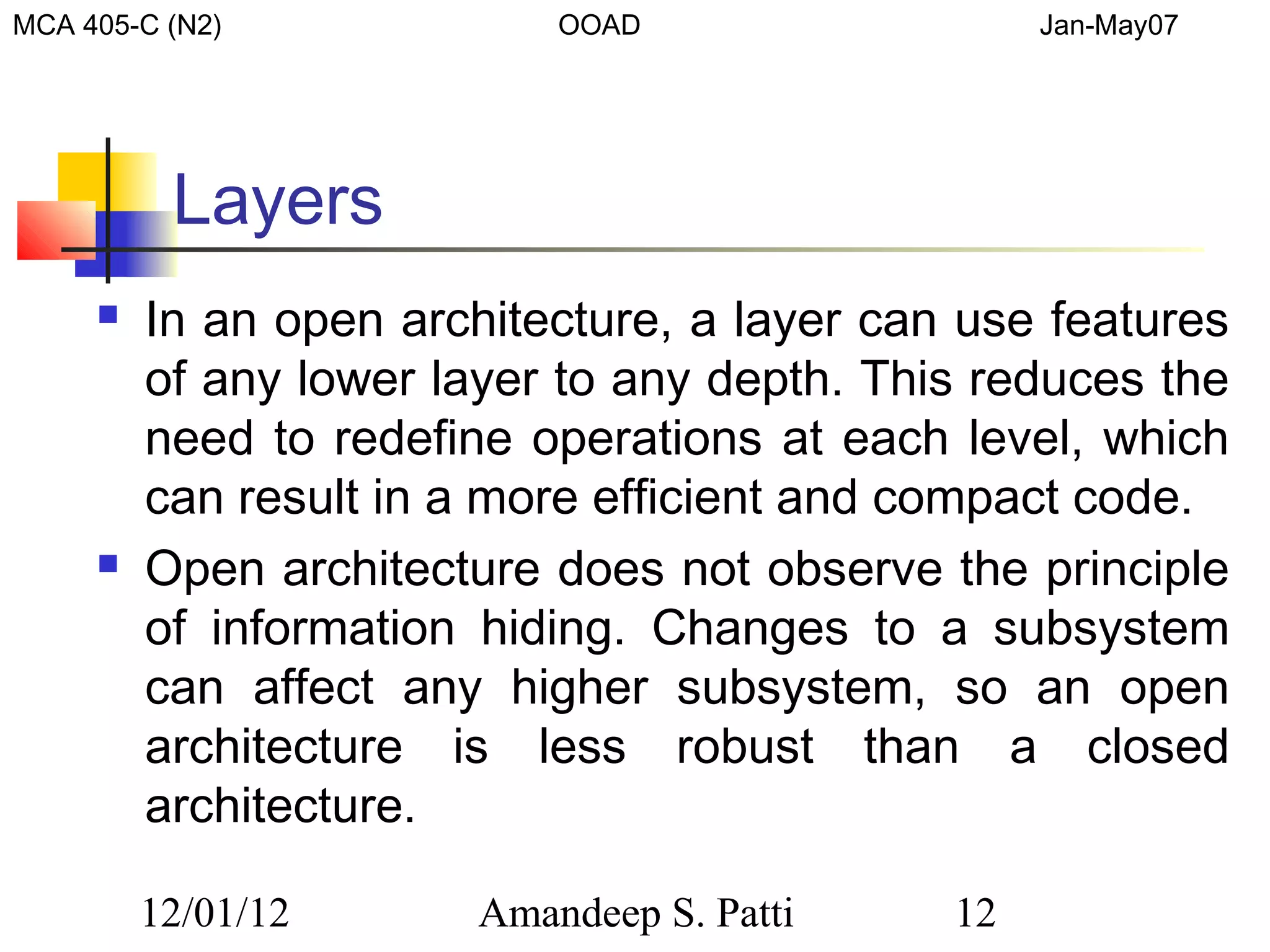 MCA 405-C (N2)              OOAD                  Jan-May07




          Layers
        In an open architecture, a layer can use features
         of any lower layer to any depth. This reduces the
         need to redefine operations at each level, which
         can result in a more efficient and compact code.
        Open architecture does not observe the principle
         of information hiding. Changes to a subsystem
         can affect any higher subsystem, so an open
         architecture is less robust than a closed
         architecture.

         12/01/12       Amandeep S. Patti    12
 