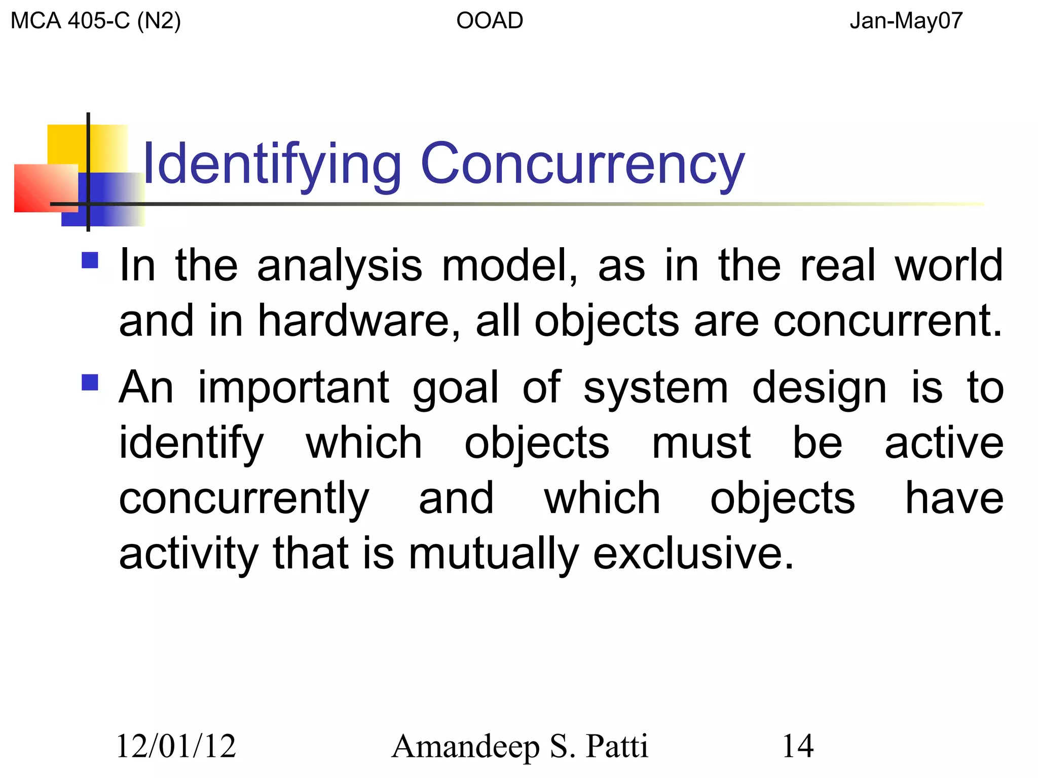 MCA 405-C (N2)            OOAD                 Jan-May07




          Identifying Concurrency
        In the analysis model, as in the real world
         and in hardware, all objects are concurrent.
        An important goal of system design is to
         identify which objects must be active
         concurrently and which objects have
         activity that is mutually exclusive.



         12/01/12     Amandeep S. Patti   14
 