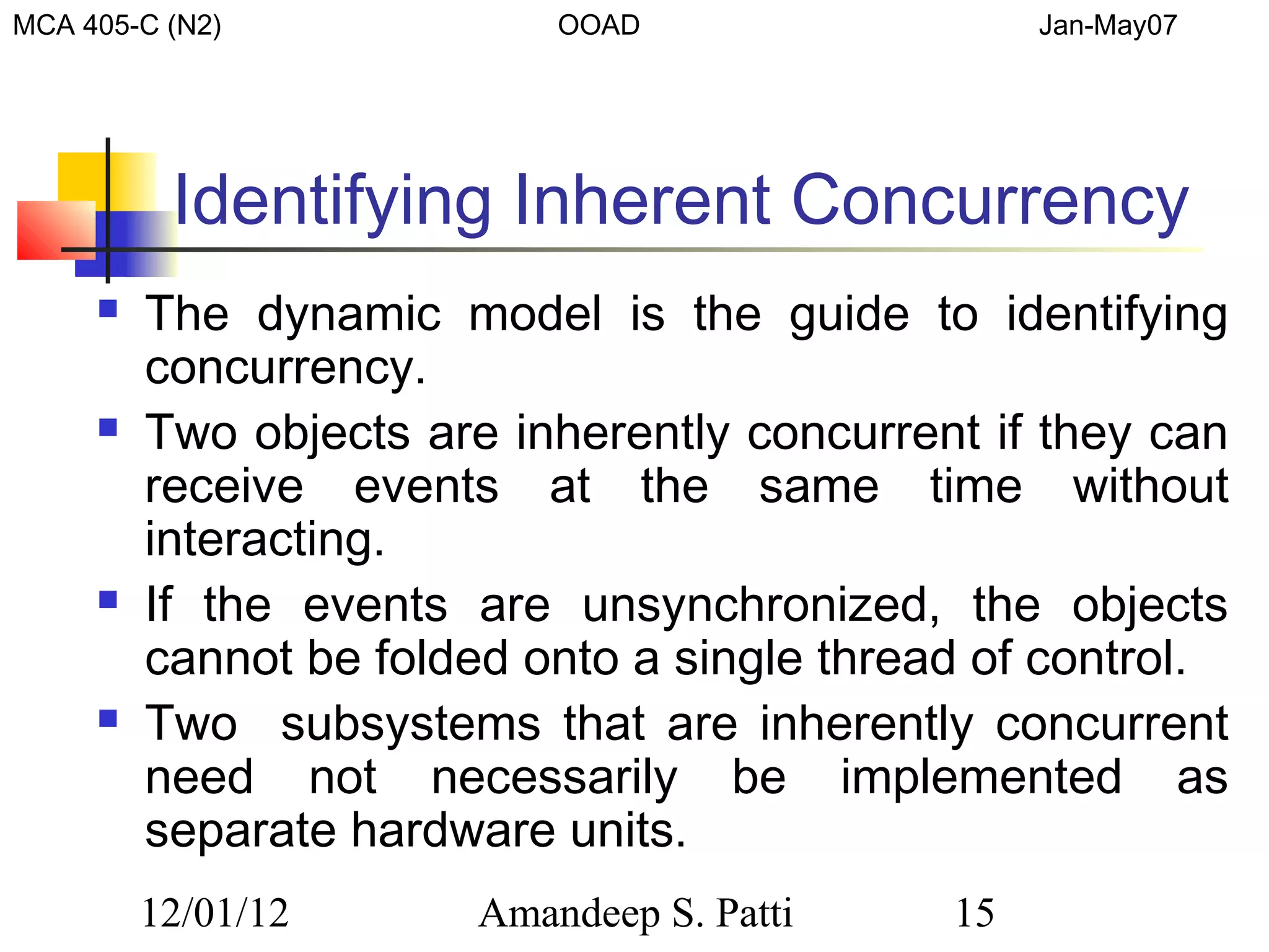 MCA 405-C (N2)              OOAD                  Jan-May07




          Identifying Inherent Concurrency
        The dynamic model is the guide to identifying
         concurrency.
        Two objects are inherently concurrent if they can
         receive events at the same time without
         interacting.
        If the events are unsynchronized, the objects
         cannot be folded onto a single thread of control.
        Two subsystems that are inherently concurrent
         need not necessarily be implemented as
         separate hardware units.
         12/01/12       Amandeep S. Patti    15
 