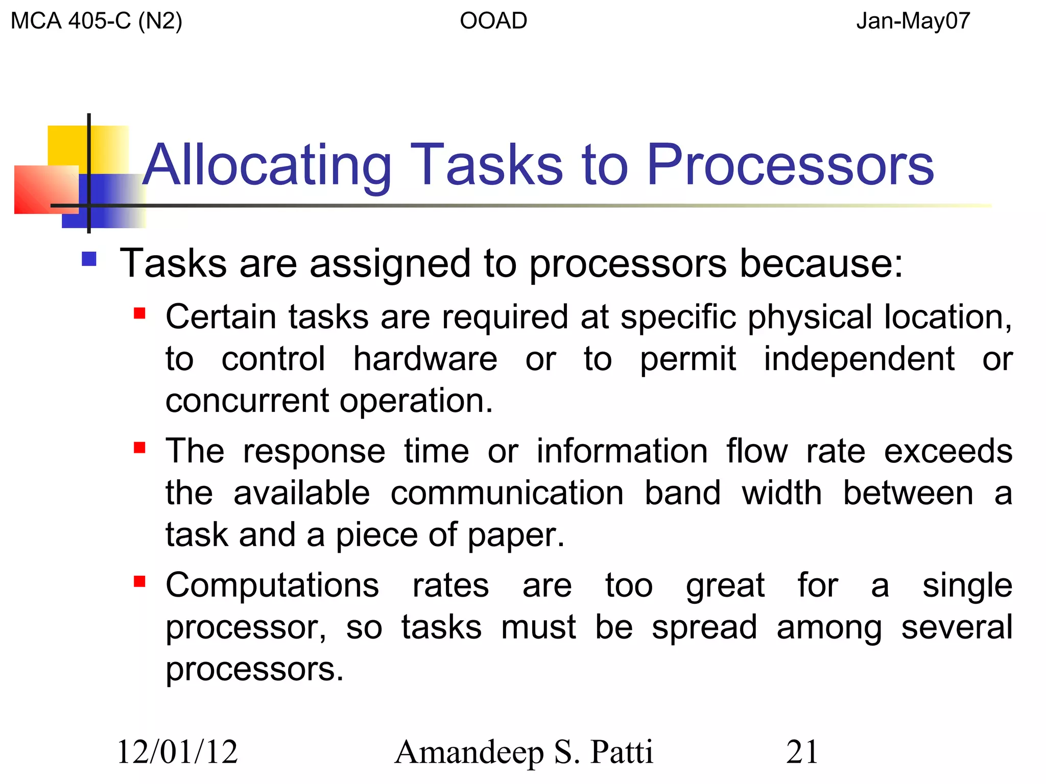MCA 405-C (N2)                   OOAD                       Jan-May07




          Allocating Tasks to Processors
        Tasks are assigned to processors because:
             Certain tasks are required at specific physical location,
              to control hardware or to permit independent or
              concurrent operation.
             The response time or information flow rate exceeds
              the available communication band width between a
              task and a piece of paper.
             Computations rates are too great for a single
              processor, so tasks must be spread among several
              processors.

         12/01/12            Amandeep S. Patti         21
 