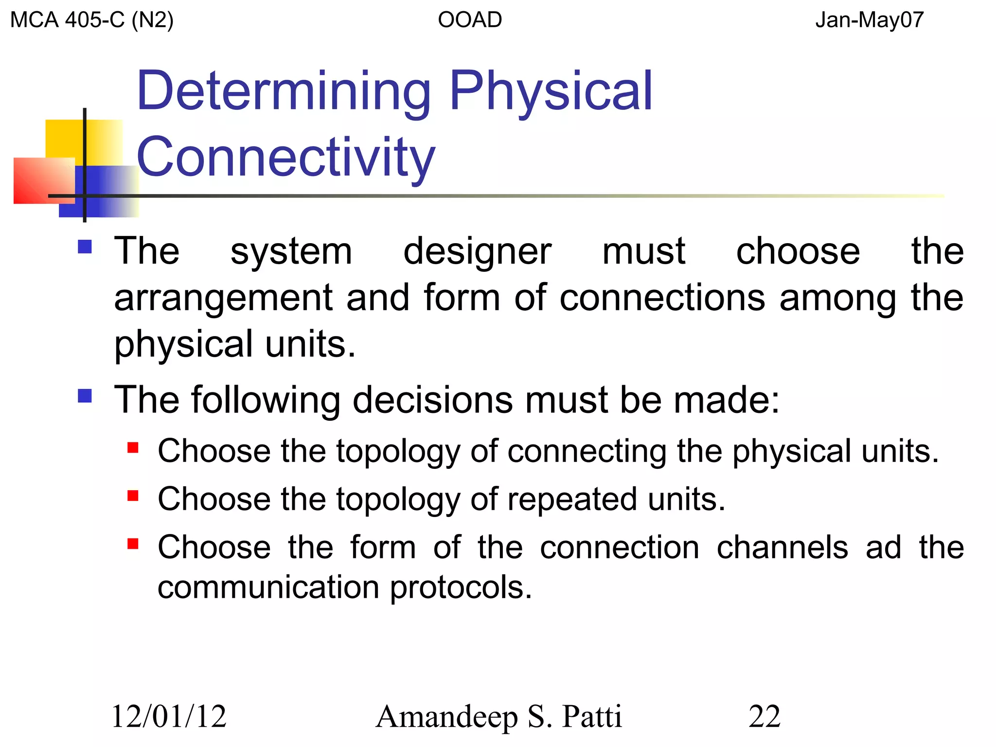 MCA 405-C (N2)                  OOAD                     Jan-May07


          Determining Physical
          Connectivity
        The system designer must choose the
         arrangement and form of connections among the
         physical units.
        The following decisions must be made:
             Choose the topology of connecting the physical units.
             Choose the topology of repeated units.
             Choose the form of the connection channels ad the
              communication protocols.


         12/01/12           Amandeep S. Patti       22
 