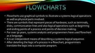 • Flowcharts use graphical symbols to illustrate a systems logical operations
as well as physical parts involved.
• There are symbols that represent pieces of hardware, such as terminals,
disks, communication lines and also logical operations such as beginning
and ending points of a process and points of decision making.
• For over 50 years, systems analysts and programmers have used flowchart
as a language.
• It is an independent means of describing a systems logical sequence.
• After detailing the logic of a process in a flowchart, programmers
translate the logic into a computer program.
 