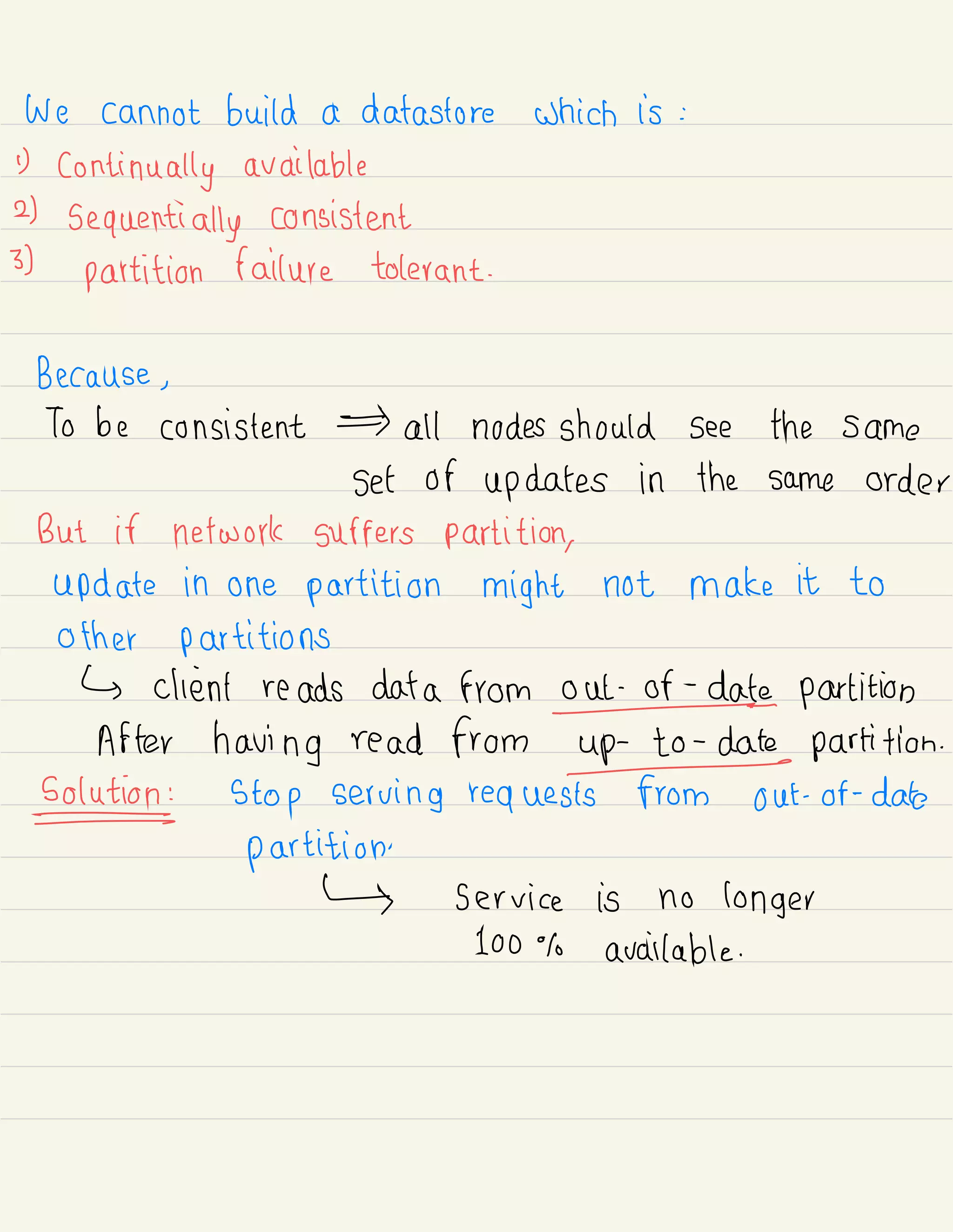 We cannot build a datastore which is :
D
continually available
2)
sequentially consistent
3)
partition failure tolerant .
Because ,
To be consistent all nodes should see the same
set of updates in the same order
But if network suffers partition,
update in one partition might not make it to
other partitions
↳ client reads data from out-of-date partition
After having read from up-to-date partition .
Solutions stop serving requests from out -
of -
date
partition.
↳ service is no longer
100% available .
 
