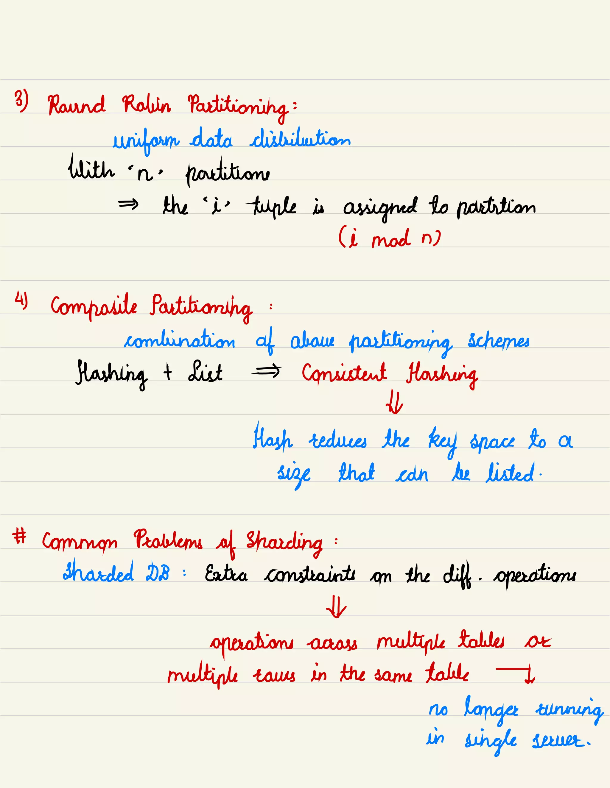 3) Round Robin
Partitioning :
uniform data distribution
with '
n .
partitions
the
'
is tuple is assigned to partition
(i mad n)
4
Composite Partitioning :
combination af above
partitioning schemes
flashing t List consistent Hashing
Hr
Hash reduces the
key space to a
size that can be listed .
# Common Problems
of Shouting :
Iharded DB :
Entree constraints on the diff .
operations
Hr
operations -
across multiple tables or
multiple rains in the same table 7
no
longer running
in
single severe.
 
