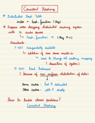 Consistent Hashing
# Distributed Hash Table
index =
hash -
function C
key)
# Suppose we're
designing distributed
caching system
with n cache servers
↳ hash .
function (
key % n )
Drawbacks :
1) NOT
horizontally scalable
↳ addition of new server results in
↳
need to
change all
existing mapping.
( downtime of system)
2) NOT load balanced
l because -
af non -
uniform distribution of data )
1-
Some caches : hat & saturated
Other caches :
idk &
empty
How to tackle about problems ?
Consistent flashing
 