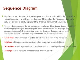 Sequence Diagram
 The invocation of methods in each object, and the order in which the invocation
occurs is captured in a Sequence diagram. This makes the Sequence diagram a
very useful tool to easily represent the dynamic behavior of a system.
 Sequence Diagrams describe interactions among classes. These interactions are modeled
as exchange of messages. These diagrams focus on classes and the messages they
exchange to accomplish some desired behavior. Sequence diagrams are a type of
interaction diagrams. Sequence diagrams contain the following elements:
• Class roles, which represent roles that objects may play within the interaction.
• Lifelines, which represent the existence of an object over a period of time.
• Activations, which represent the time during which an object is performing an operation.
• Messages, which represent communication between objects.
 