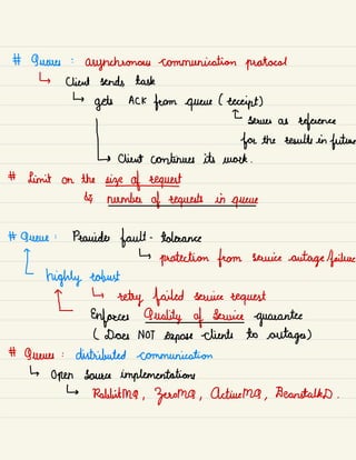 # Queues :
asynchronous communication protocol
↳ client sends task
↳
gets ACK
from queue lecccipt)
I
serves as
reference
for the results in
future
[ client continues its work .
# Limit on the
sispafeeguest
& number of requests in
queue
# Queue :
Provides fault -
tolerance
[
↳
protection from service
outage /
failure
highly robust
[
↳
retry failed service request
Enforces Quality of Service
guarantee
L Does NOT expose clients to outages)
# Queues :
distributed communication
↳
Open source implementations
↳ Rabbitma ,
Zoeoma ,
Active MQ ,
BeanstalkD .
 