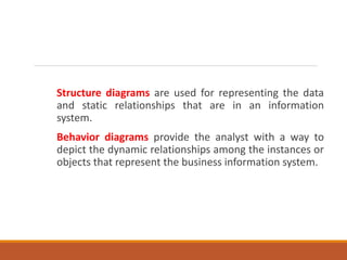 Structure diagrams are used for representing the data
and static relationships that are in an information
system.
Behavior diagrams provide the analyst with a way to
depict the dynamic relationships among the instances or
objects that represent the business information system.
 