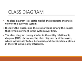 CLASS DIAGRAM
• The class diagram is a static model that supports the static
view of the evolving system.
• It shows the classes and the relationships among the classes
that remain constant in the system over time.
• The class diagram is very similar to the entity relationship
diagram (ERD) ; however, the class diagram depicts classes,
which include attributes, behaviors, and states, while entities
in the ERD include only attributes.
 
