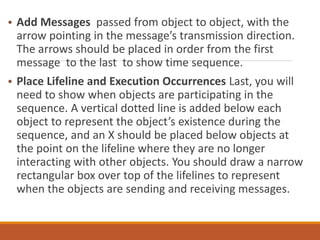 • Add Messages passed from object to object, with the
arrow pointing in the message’s transmission direction.
The arrows should be placed in order from the first
message to the last to show time sequence.
• Place Lifeline and Execution Occurrences Last, you will
need to show when objects are participating in the
sequence. A vertical dotted line is added below each
object to represent the object’s existence during the
sequence, and an X should be placed below objects at
the point on the lifeline where they are no longer
interacting with other objects. You should draw a narrow
rectangular box over top of the lifelines to represent
when the objects are sending and receiving messages.
 