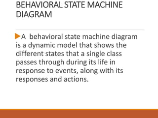 BEHAVIORAL STATE MACHINE
DIAGRAM
A behavioral state machine diagram
is a dynamic model that shows the
different states that a single class
passes through during its life in
response to events, along with its
responses and actions.
 