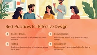 4
1
3
2
Foster teamwork among stakeholders for diverse
perspectives.
Implement rigorous testing to identify and resolve
issues early.
Use an agile approach to refine designs through
feedback.
Best Practices for Effective Design
Documentation
Iterative Design
Collaboration
Testing
Maintain clear records of design decisions and
changes.
 