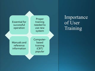 Importance
of User
Training
Essential for
successful
operation
Proper
training
needed to
use new
system
Manuals and
reference
information
Computer-
based
training
(CBT)
popular
 