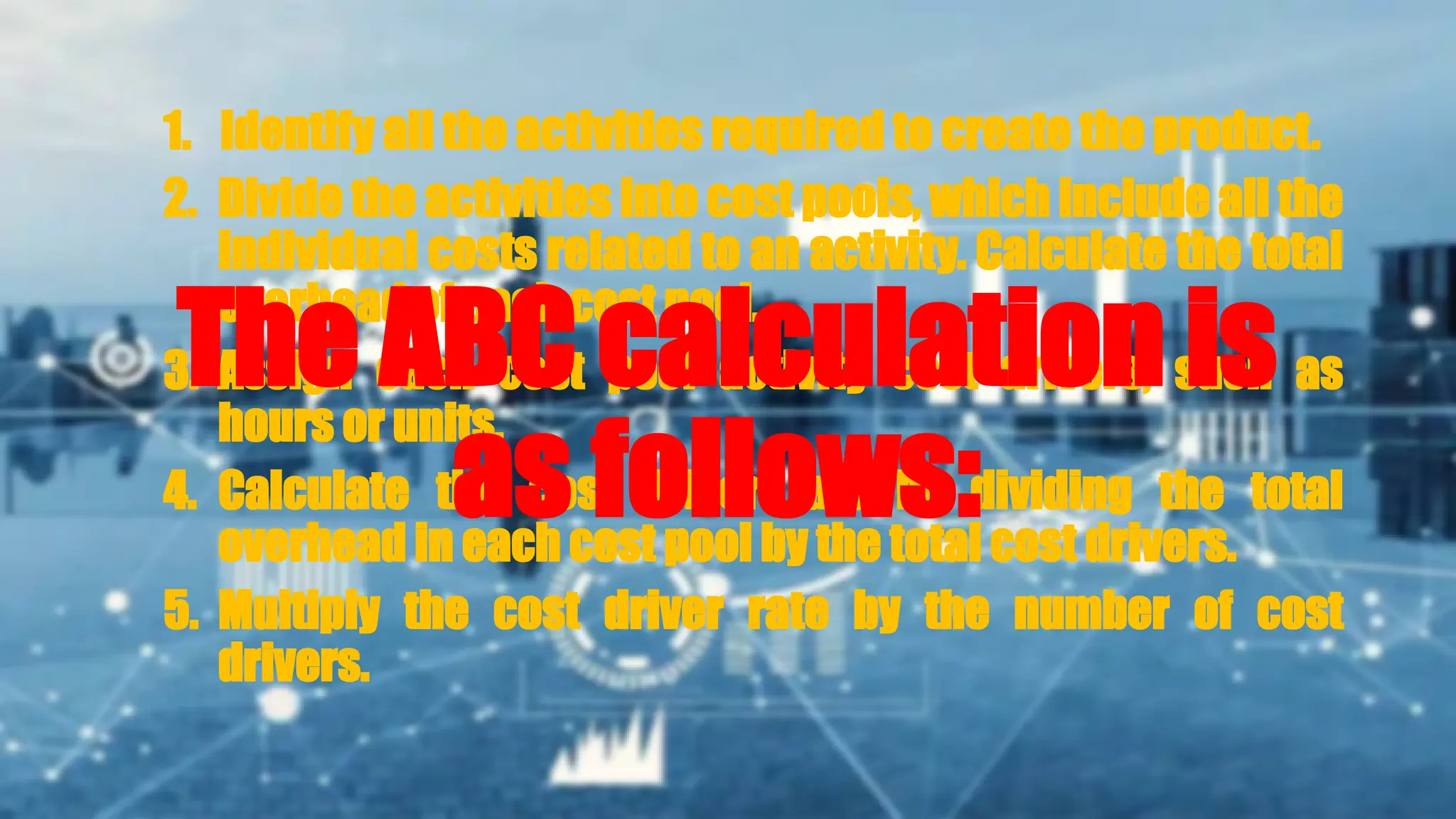 1. Identify all the activities required to create the product.
2. Divide the activities into cost pools, which include all the
individual costs related to an activity. Calculate the total
overhead of each cost pool.
3. Assign each cost pool activity cost drivers, such as
hours or units.
4. Calculate the cost driver rate by dividing the total
overhead in each cost pool by the total cost drivers.
5. Multiply the cost driver rate by the number of cost
drivers.
The ABC calculation is
as follows:
 