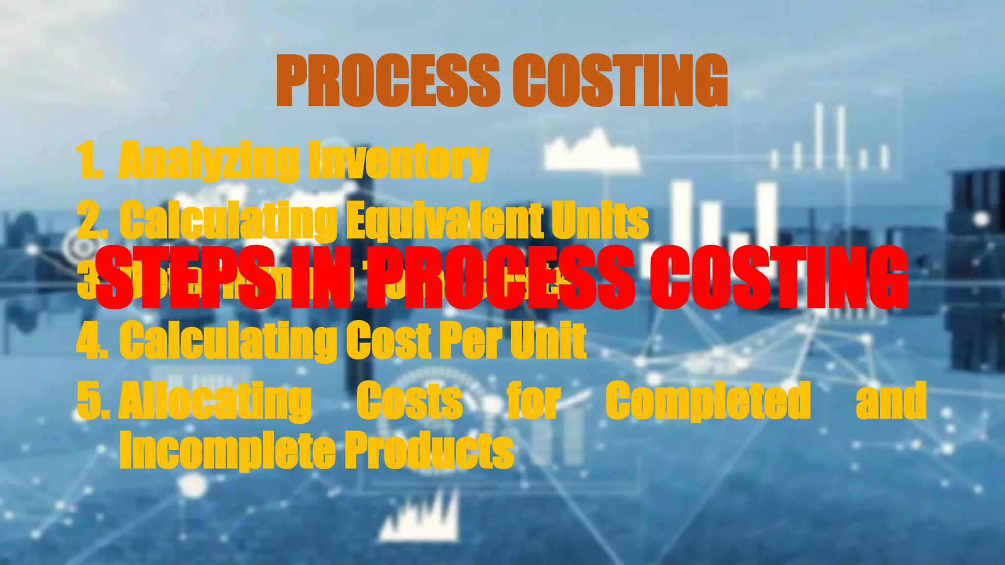 PROCESS COSTING
1. Analyzing Inventory
2. Calculating Equivalent Units
3. Determining Total Costs
4. Calculating Cost Per Unit
5. Allocating Costs for Completed and
Incomplete Products
STEPS IN PROCESS COSTING
 