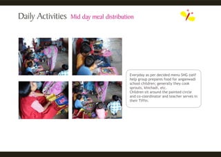 Everyday as per decided menu SHG (self
help group prepares food for anganwadi
school children; generally they cook
sprouts, khichadi, etc.
Children sit around the painted circle
and co-coordinator and teacher serves in
their Tiffin.
 