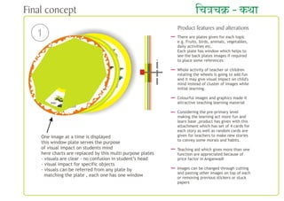 One image at a time is displayed
this window plate serves the purpose
of visual impact on students mind
here charts are replaced by this multi purpose plates
- visuals are clear - no confusion in student’s head
- visual impact for specific objects
- visuals can be referred from any plate by
matching the plate , each one has one window
1 There are plates given for each topic
e.g. Fruits, birds, animals, vegetables,
daily activities etc.
Each plate has window which helps to
see the back plates images if required
to place some references
Whole activity of teacher or children
rotating the wheels is going to add fun
and it may give visual impact on child's
mind instead of cluster of images while
initial learning.
Colourful images and graphics made it
attractive teaching learning material
Considering the pre-primary level
making the learning act more fun and
learn base ,product has given with this
attachment which has set of 4 cards for
each story as well as random cards are
given for teachers to make new stories
to convey some morals and habits.
Teaching aid which gives more than one
function are appreciated because of
price factor in Anganwadi
Images can be changed through cutting
and pasting other images on top of each
or removing previous stickers or stuck
papers
 