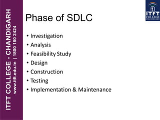 Phase of SDLC
• Investigation
• Analysis
• Feasibility Study
• Design
• Construction
• Testing
• Implementation & Maintenance
 