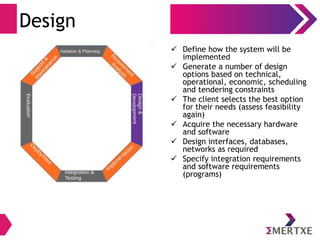 Design
 Define how the system will be
implemented
 Generate a number of design
options based on technical,
operational, economic, scheduling
and tendering constraints
 The client selects the best option
for their needs (assess feasibility
again)
 Acquire the necessary hardware
and software
 Design interfaces, databases,
networks as required
 Specify integration requirements
and software requirements
(programs)
 