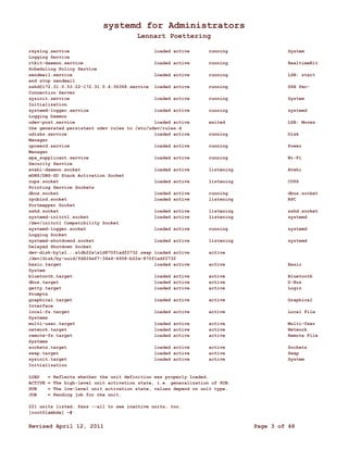 systemd for Administrators 
Lennart Poettering 
rsyslog.service loaded active running System 
Logging Service 
rtkit-daemon.service loaded active running RealtimeKit 
Scheduling Policy Service 
sendmail.service loaded active running LSB: start 
and stop sendmail 
sshd@172.31.0.53:22-172.31.0.4:36368.service loaded active running SSH Per- 
Connection Server 
sysinit.service loaded active running System 
Initialization 
systemd-logger.service loaded active running systemd 
Logging Daemon 
udev-post.service loaded active exited LSB: Moves 
the generated persistent udev rules to /etc/udev/rules.d 
udisks.service loaded active running Disk 
Manager 
upowerd.service loaded active running Power 
Manager 
wpa_supplicant.service loaded active running Wi-Fi 
Security Service 
avahi-daemon.socket loaded active listening Avahi 
mDNS/DNS-SD Stack Activation Socket 
cups.socket loaded active listening CUPS 
Printing Service Sockets 
dbus.socket loaded active running dbus.socket 
rpcbind.socket loaded active listening RPC 
Portmapper Socket 
sshd.socket loaded active listening sshd.socket 
systemd-initctl.socket loaded active listening systemd 
/dev/initctl Compatibility Socket 
systemd-logger.socket loaded active running systemd 
Logging Socket 
systemd-shutdownd.socket loaded active listening systemd 
Delayed Shutdown Socket 
dev-disk-byx1...x1db22ax1d870f1adf2732.swap loaded active active 
/dev/disk/by-uuid/fd626ef7-34a4-4958-b22a-870f1adf2732 
basic.target loaded active active Basic 
System 
bluetooth.target loaded active active Bluetooth 
dbus.target loaded active active D-Bus 
getty.target loaded active active Login 
Prompts 
graphical.target loaded active active Graphical 
Interface 
local-fs.target loaded active active Local File 
Systems 
multi-user.target loaded active active Multi-User 
network.target loaded active active Network 
remote-fs.target loaded active active Remote File 
Systems 
sockets.target loaded active active Sockets 
swap.target loaded active active Swap 
sysinit.target loaded active active System 
Initialization 
LOAD = Reflects whether the unit definition was properly loaded. 
ACTIVE = The high-level unit activation state, i.e. generalization of SUB. 
SUB = The low-level unit activation state, values depend on unit type. 
JOB = Pending job for the unit. 
221 units listed. Pass --all to see inactive units, too. 
[root@lambda] ~# 
Revised April 12, 2011 Page 3 of 48 
 