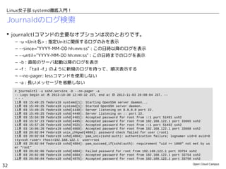 Open Cloud Campus
32
Linux女子部 systemd徹底入門！
imjournalモジュールについて
 最近のrsyslogdには、journaldのデータベースから直接にログ情報を取得するモジュール
「imjournal」が用意されており、Unixソケット「/run/systemd/journal/syslog」の代わ
りに、こちらを利用することも可能です。
– RHEL7では、デフォルトでimjournalが使用されています。
– imjournalの詳細は下記を参照
• http://www.rsyslog.com/doc/imjournal.html
 