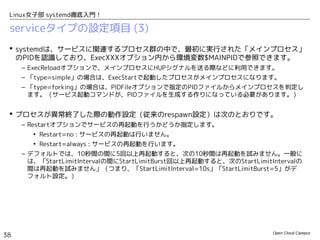 Open Cloud Campus
38
Linux女子部 systemd徹底入門！
serviceタイプの設定項目 (2)
 serviceセクションの主要オプション (2)
– Typeオプションは、サービスの起動完了を判定するタイミングを指定します。
• Type=simple : 指定コマンドがフォアグラウンドで実行を継続する場合。コマンドを実行した
らすぐに起動完了と判定します。
• Type=forking : 子プロセスをバックグラウンドで起動して、最初のコマンドは終了する場合。
最初のコマンドが終了したタイミングで起動完了と判定します。
• Type=oneshot : 一度だけコマンドを実行するタイプのサービスの場合。コマンドが終了した
ら起動完了と判定して、サービスも終了したものと認識します。（「RemainAfterExit=yes」
を指定すると、コマンド終了後もサービスは起動したままと認識します。）
• Type=nofity : systemdのライブラリ関数「sd_notify()」を使用する場合。プロセスのプログ
ラム内部で、sd_notify()関数で起動完了を通知するように作られている必要があります(*)
。
• Type=dbus : D-Bus（プロセス間通信用メッセージバス）を利用するサ―ビスの場合。　
BusNameで指定した接続名がD-Busに登録されると、サービス起動完了と判定します。
オプション 説明
Type サービスプロセスの起動完了の判定方法（デフォルトは「simple」）
PIDFile fork型サービスのメインプロセスのPIDファイル
BusName D-Bus型サービスのbus接続名
Restart サービスプロセス停止時の再起動条件（デフォルトは「no」）
(*) https://fedoraproject.org/wiki/User:Johannbg/QA/Systemd/Sd_notify
 