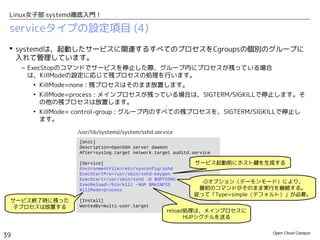 Open Cloud Campus
39
Linux女子部 systemd徹底入門！
serviceタイプの設定項目 (3)
 systemdは、サービスに関連するプロセス群の中で最初に実行された「メインプロセス」の
PIDを認識しており、ExecXXXオプション内から環境変数$MAINPIDで参照できます。
– ExecReloadオプションで、メインプロセスにHUPシグナルを送る際などに利用できます。
– 「type=simple」の場合は、ExecStartで起動したプロセスがメインプロセスになります。
– 「type=forking」の場合は、PIDFileオプションで指定のPIDファイルからメインプロセスを判定し
ます。（サービス起動コマンドが、PIDファイルを生成する作りになっている必要があります。）
 プロセスが異常終了した際の動作設定（従来のrespawn設定）は次のとおりです。
– Restartオプションでサービスの再起動を行うかどうか指定します。
• Restart=no : サービスの再起動は行いません。
• Restart=always : サービスの再起動を行います。
– デフォルトでは、10秒間の間に5回以上再起動すると、次の10秒間は再起動を試みません。一般に
は、「StartLimitIntervalの間にStartLimitBurst回以上再起動すると、次のStartLimitIntervalの
間は再起動を試みません」（つまり、「StartLimitInterval=10s」「StartLimitBurst=5」がデ
フォルト設定。）
 
