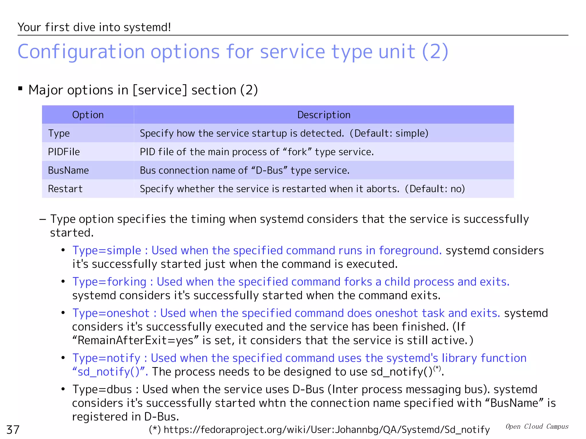 Open Cloud Campus
37
Your first dive into systemd!
Configuration options for service type unit (1)
 Major options in [service] section (1)
– “ExecXXX” options specify the commands to start/reload/stop the service. Environment
variables from “EnvironmentFile” and the special variable “$MAINPID” can be used. Details are
explained later.
– systemd judges if the service is successfully started based on the result of ExecStart
command. The result of ExecStartPre/ExecStartPost commands are not considered.
– ExecStopPost command is executed not only when the service is stopped with ExecStop but
also when the service aborts.
Option Description
ExecStart Command to start the service
ExecReload Command to reload the service
ExecStop Command to stop the service
ExecStartPre
ExecStartPost
Additional commands to be executed before/after ExecStart.
ExecStopPost Command to be executed when the service stops including the case of abort.
EnvironmentFile Read environment variables from this file.
KillMode Specify how remaining processes are handled after ExecStop.
 