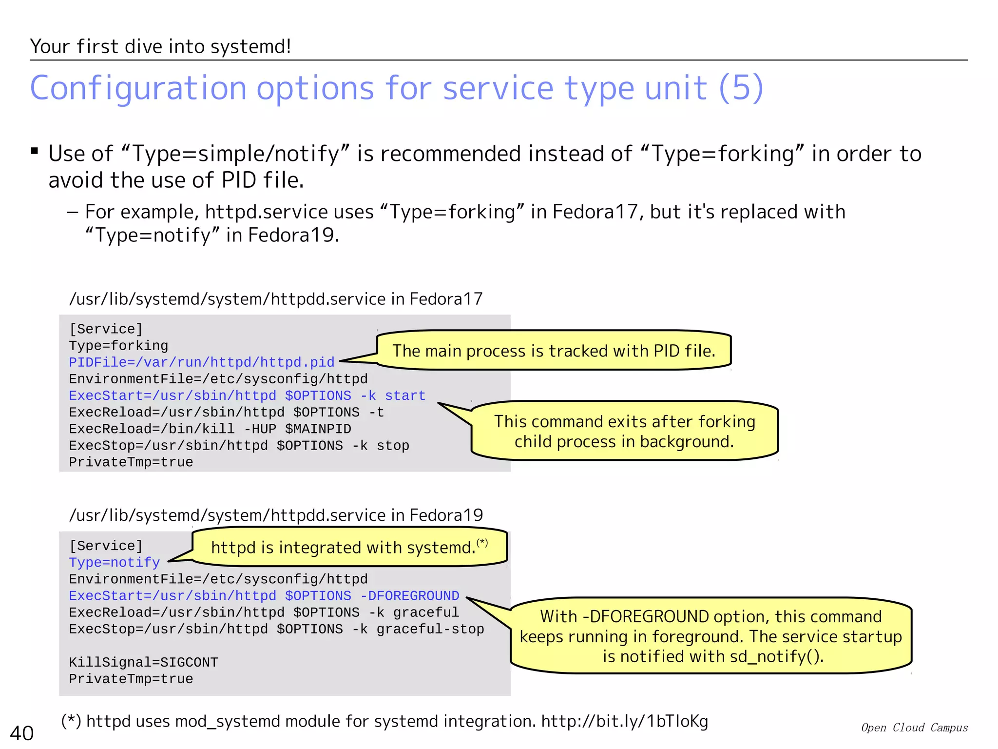 Open Cloud Campus
40
Your first dive into systemd!
Configuration options for service type unit (4)
 systemd creates a cgroups' group for each service to track the related processes.
– When the service is stopped with ExecStop command, systemd takes the following actions
according to “KillMode” option if there are some remaining processes in the group.
• KillMode=none : The remaining processes are left untouched.
• KillMode=process : If the main process is still running, systemd stops it with
SIGTERM/SIGKILL. Other processes are left untouched.
• KillMode= control-group : All remaining processes in the group are stopped with
SIGTERM/SIGKILL.
[Unit]
Description=OpenSSH server daemon
After=syslog.target network.target auditd.service
[Service]
EnvironmentFile=/etc/sysconfig/sshd
ExecStartPre=/usr/sbin/sshd-keygen
ExecStart=/usr/sbin/sshd -D $OPTIONS
ExecReload=/bin/kill -HUP $MAINPID
KillMode=process
[Install]
WantedBy=multi-user.target
Generate hostkey before starting the service.
Reload is done by sending
HUP to the main process.
/usr/lib/systemd/system/sshd.service
With -D option (daemon mode), the initial
command keeps running in foreground.
Hence, “Type=simple” (default) should be used.
Child processes are left
when the service is stopped.
 