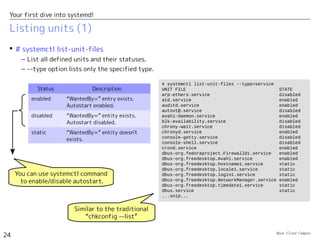 Open Cloud Campus
24
Your first dive into systemd!
Listing units (1)
 # systemctl list-unit-files
– List all defined units and their statuses.
– --type option lists only the specified type.
Status Description
enabled “WantedBy=” entry exists.
Autostart enabled.
disabled “WantedBy=” entity exists.
Autostart disabled.
static “WantedBy=” entity doesn't
exists.
# systemctl list-unit-files --type=service
UNIT FILE STATE
arp-ethers.service disabled
atd.service enabled
auditd.service enabled
autovt@.service disabled
avahi-daemon.service enabled
blk-availability.service disabled
chrony-wait.service disabled
chronyd.service enabled
console-getty.service disabled
console-shell.service disabled
crond.service enabled
dbus-org.fedoraproject.FirewallD1.service enabled
dbus-org.freedesktop.Avahi.service enabled
dbus-org.freedesktop.hostname1.service static
dbus-org.freedesktop.locale1.service static
dbus-org.freedesktop.login1.service static
dbus-org.freedesktop.NetworkManager.service enabled
dbus-org.freedesktop.timedate1.service static
dbus.service static
...snip...
Similar to the traditional
“chkconfig --list”
You can use systemctl command
to enable/disable autostart.
 