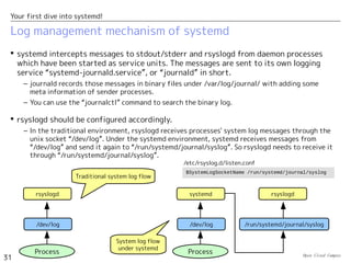 Open Cloud Campus
31
Your first dive into systemd!
Log management mechanism of systemd
 systemd intercepts messages to stdout/stderr and rsyslogd from daemon processes
which have been started as service units. The messages are sent to its own logging
service “systemd-journald.service”, or “journald” in short.
– journald records those messages in binary files under /var/log/journal/ with adding some
meta information of sender processes.
– You can use the “journalctl” command to search the binary log.
 rsyslogd should be configured accordingly.
– In the traditional environment, rsyslogd receives processes' system log messages through the
unix socket “/dev/log”. Under the systemd environment, systemd receives messages from
“/dev/log” and send it again to “/run/systemd/journal/syslog”. So rsyslogd needs to receive it
through “/run/systemd/journal/syslog”.
rsyslogd
/dev/log
Process
/dev/log
Process
rsyslogd
/run/systemd/journal/syslog
systemd
$SystemLogSocketName /run/systemd/journal/syslog
/etc/rsyslog.d/listen.conf
Traditional system log flow
System log flow
under systemd
 