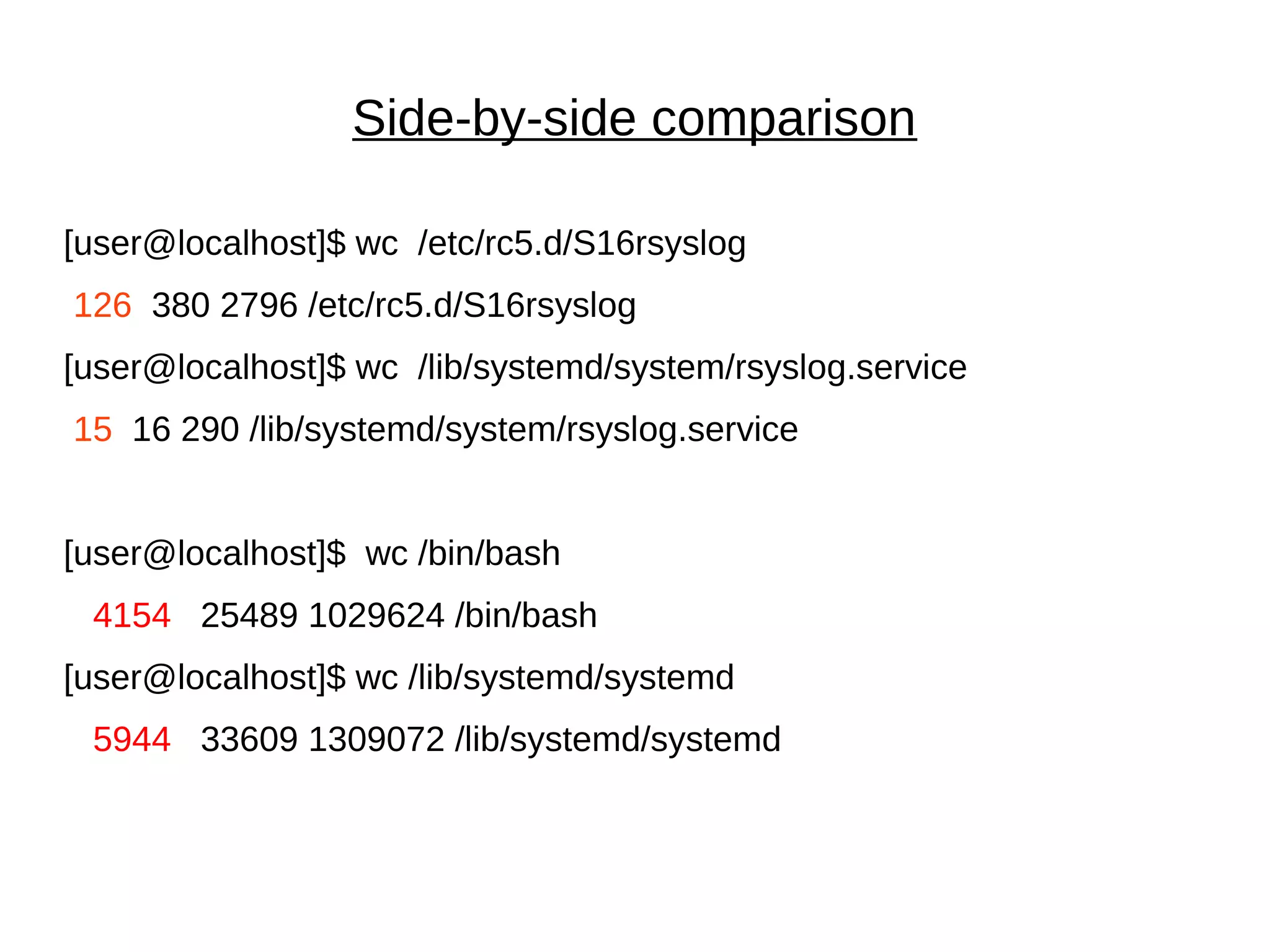 Side-by-side comparison
[user@localhost]$ wc /etc/rc5.d/S16rsyslog
126 380 2796 /etc/rc5.d/S16rsyslog
[user@localhost]$ wc /lib/systemd/system/rsyslog.service
15 16 290 /lib/systemd/system/rsyslog.service
[user@localhost]$ wc /bin/bash
4154 25489 1029624 /bin/bash
[user@localhost]$ wc /lib/systemd/systemd
5944 33609 1309072 /lib/systemd/systemd
 