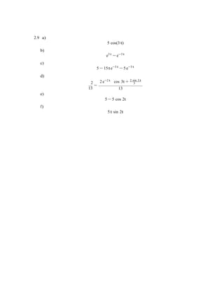 3
2.9 a)
b)
c)
d)
5 cos(3 t)
e3 t
− e−3 t
5 − 15 t e−3 t
− 5 e−3 t
2 2 e−2 t cos 3t + 2 sin 3 t
13
−
e)
f)
13
5 − 5 cos 2t
5 t sin 2t
 