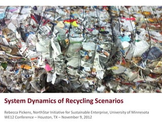 System Dynamics of Recycling Scenarios
Rebecca Pickens, NorthStar Initiative for Sustainable Enterprise, University of Minnesota
WE12 Conference – Houston, TX – November 9, 2012
 