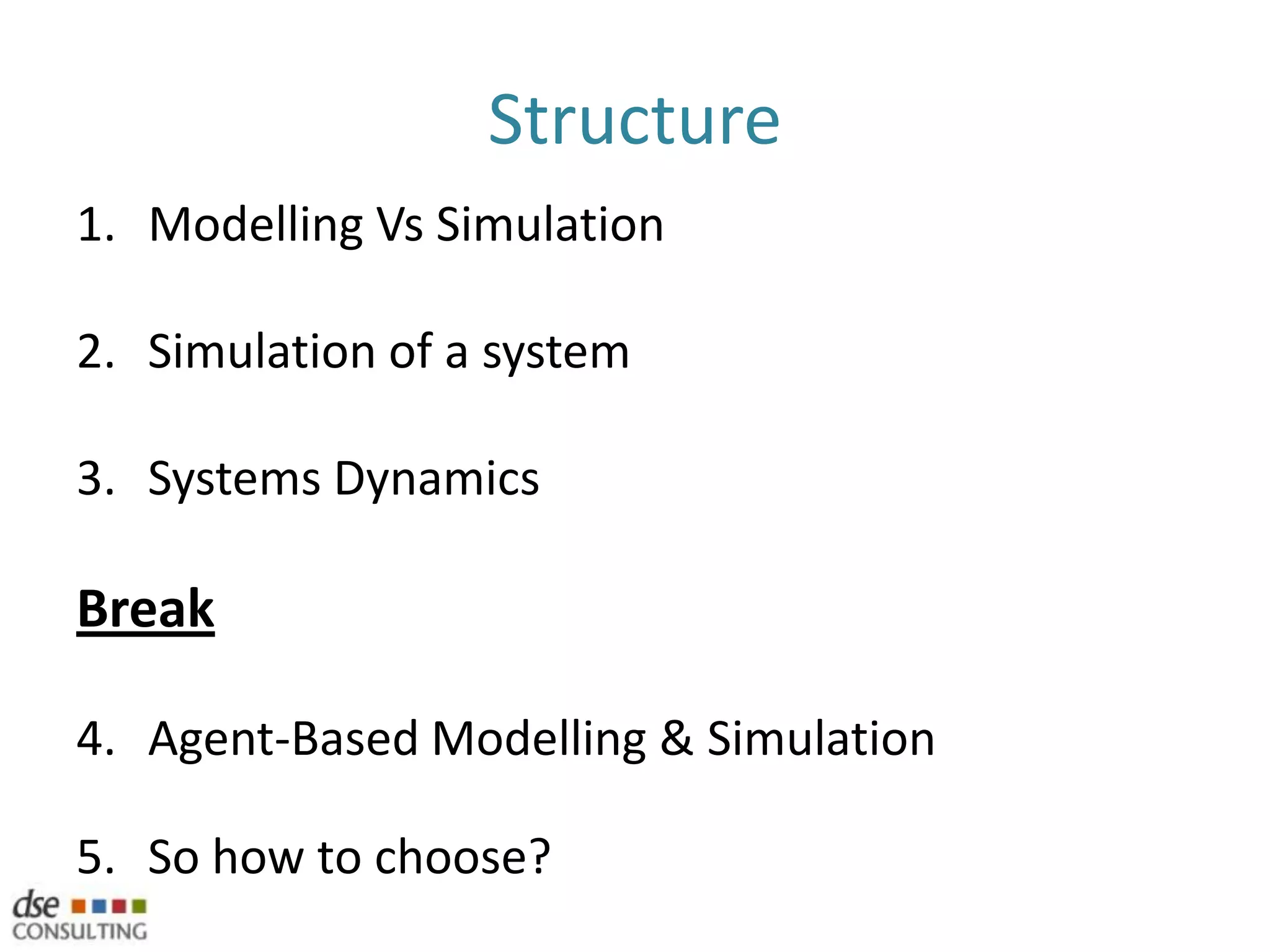 StructureModelling Vs SimulationSimulation of a systemSystems DynamicsBreakAgent-Based Modelling & SimulationSo how to choose?