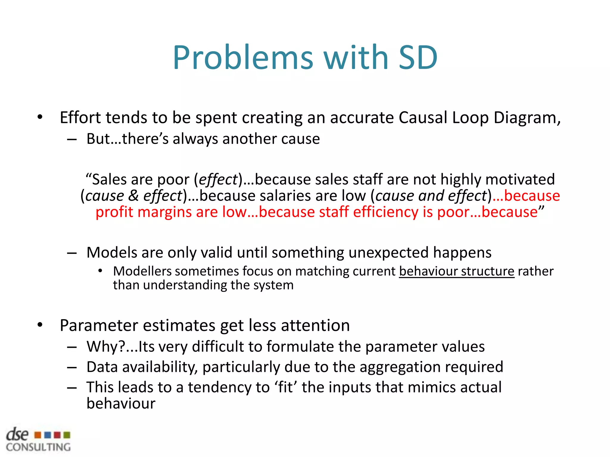 Practical 2: Experimenting with an SD modelOpen the AnyLogic example ‘Bass Diffusion’15 minutesWork in groups of 2 / 3Can you work backwards to draw the appropriate CLD?What are the inputs and outputs of the model?What happens if you change a parameters?Can you identify the elements of variability, interconnectedness and complexity?Drill internal the properties of the stocks and the flows, can you interpret the relationships?