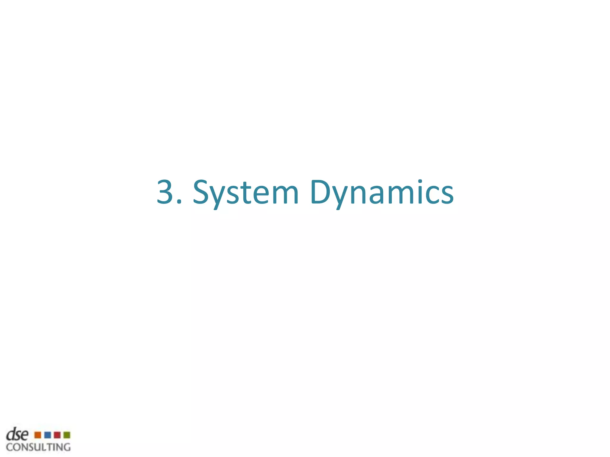How will connected systems be affected?2. Simulation of a systemOperations systemProcess centric Configurations of resourcesQueuing theoryProcess timings, queue capacities, entity routes through the systemSocial SystemsEntities that have a relationship to each other that create enduring patterns of behaviourEconomic SystemsProduct, distribution and consumption of good and services at the macro level within societyDESABMSSD