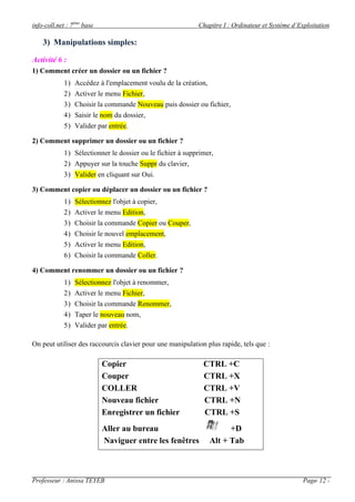 info-coll.net : 7ème base                                   Chapitre I : Ordinateur et Système d’Exploitation

    3) Manipulations simples:

Activité 6 :
1) Comment créer un dossier ou un fichier ?
             1)   Accédez à l'emplacement voulu de la création,
             2)   Activer le menu Fichier,
             3)   Choisir la commande Nouveau puis dossier ou fichier,
             4)   Saisir le nom du dossier,
             5) Valider par entrée.

2) Comment supprimer un dossier ou un fichier ?
             1) Sélectionner le dossier ou le fichier à supprimer,
             2) Appuyer sur la touche Suppr du clavier,
             3) Valider en cliquant sur Oui.

3) Comment copier ou déplacer un dossier ou un fichier ?
             1)   Sélectionnez l'objet à copier,
             2)   Activer le menu Edition,
             3)   Choisir la commande Copier ou Couper,
             4)   Choisir le nouvel emplacement,
             5)   Activer le menu Edition,
             6) Choisir la commande Coller.

4) Comment renommer un dossier ou un fichier ?
             1)   Sélectionnez l'objet à renommer,
             2)   Activer le menu Fichier,
             3)   Choisir la commande Renommer,
             4)   Taper le nouveau nom,
             5)   Valider par entrée.

On peut utiliser des raccourcis clavier pour une manipulation plus rapide, tels que :

                            Copier                            CTRL +C
                            Couper                            CTRL +X
                            COLLER                            CTRL +V
                            Nouveau fichier                   CTRL +N
                            Enregistrer un fichier            CTRL +S
                            Aller au bureau                           +D
                            Naviguer entre les fenêtres         Alt + Tab



Professeur : Anissa TEYEB                                                                          Page- 12 -
 