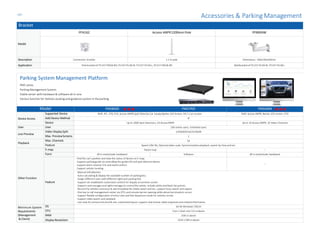 Parking System Management Platform
PMS series
Parking ManagementSystem
Stable server with hardware & software all-in-one
Various function for VehicleLocating and guidancesystem in theparking
Model PMS8000 PMSPRO PMS4004
Device Access
Supported Device NVR, IPC, VTO, EVS, Access ANPR,Spot Detector,Car Locator,Barrier,LED Screen, IVS-T, Car Locator NVR, Access ANPR, Barrier, LED screen, VTO
Add Device Method IP
Device Up to 1000 Spot Detectors, 10 AccessANPR Up to 10 Access ANPR, 10 Video Channels
User User 200 online users, Unlimited users
Live Preview
Video DisplaySplit 1/4/6/8/9/16/25/36/64
Max. PreviewScreens 1
Playback
Max. Channels 16
Feature Speed 1/8x~8x, Optional video scale, Synchronization playback, search by time and etc
Other Function
E-map Rastermap --
Form All in one(include hardware) Software All in one(include hardware)
Feature
·Find the car's position and view the status of device on E-map.
·Support parking guide via controlling the guide LED and spot detectordevice
·Support alarm scheme CFG and eventconfirm
·Support vehicle locating
--
· Manual tollcollection
· Auto-calculating & display the available number of parkinglots;
. Assign different users with different rightsand parking-lots
· Support set established customized content for dispaly oncommon screen
· Support cardmanagerand rightsmanagerto controlthe vehcle, include white and black list,and etc.
· Record the vehicle's entrance & exit time/plate No./daily report and etc, support fuzzy search and export;
· One key to call management center via VTO, and remote barrier opening while abnormal situation occurs
· Support flexible configuration of entry rules and fast departure mode for vehicles onsite
· Support video search and playback
· Live view for various entrance& exit,customized layout.support view license plate snapshotsand related information.
Minimum System
Requirements
(Management
& Client)
OS 64 bit Windows7/8/10
CPU Core 2 dual-core 3.0 orabove
RAM 2GB or above
Display Resolution 1024 ×768 orabove
-17-
Accessories & Parking Management
Bracket
Model
PFA162 Access ANPR1200mm Pole PFB604W
Description Connection bracket 1.2 m pole Dimensions: 100x146x264mm
Application Polebracketof ITC237-PW1B-IRZ,ITC237-PU1B-IR, ITC237-PU1B-L,ITC217-PW1B-IRZ Wallbracketof ITC237-PU1B-IR, ITC237-PU1B-L
 
