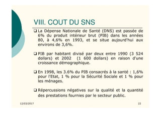 VIII. COUT DU SNS
12/03/2017 22
La Dépense Nationale de Santé (DNS) est passée de
6% du produit intérieur brut (PIB) dans les années
80, à 4,6% en 1993, et se situe aujourd'hui aux
environs de 3,6%.
PIB par habitant divisé par deux entre 1990 (3 524
dollars) et 2002 (1 600 dollars) en raison d'une
croissance démographique.
En 1998, les 3.6% du PIB consacrés à la santé : 1,6%
pour l'Etat, 1 % pour la Sécurité Sociale et 1 % pour
les ménages.
Répercussions négatives sur la qualité et la quantité
des prestations fournies par le secteur public.
 
