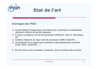 Avantages des FPGA:
q Ils permettent l implantation d architectures numériques conséquentes
(plusieurs millions de portes logiques)
q IL peut y configurer une IP de processeur (softcore): Nios II, Microblaze,
etc
q Certains intègrent un c ur hard de processeur (ARM, PowerPC)
q Ils disposent de la plupart des contrôleurs de périphériques courants
(VGA, UART, CNA/CAN, )
q Ce sont des circuits versatiles, puissants, dont le contenu peut évoluer
Etat de l art
2107/05/2012
 