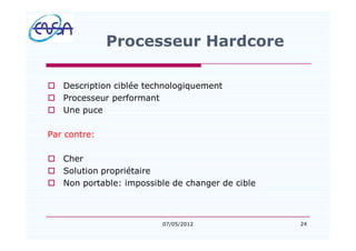 24
Processeur Hardcore
o Description ciblée technologiquement
o Processeur performant
o Une puce
Par contre:
o Cher
o Solution propriétaire
o Non portable: impossible de changer de cible
07/05/2012
 