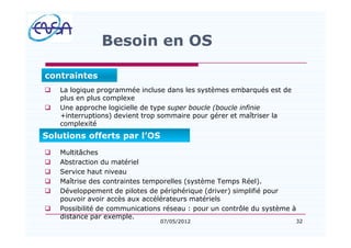 32
Besoin en OS
q La logique programmée incluse dans les systèmes embarqués est de
plus en plus complexe
q Une approche logicielle de type super boucle (boucle infinie
+interruptions) devient trop sommaire pour gérer et maîtriser la
complexité
q Multitâches
q Abstraction du matériel
q Service haut niveau
q Maîtrise des contraintes temporelles (système Temps Réel).
q Développement de pilotes de périphérique (driver) simplifié pour
pouvoir avoir accès aux accélérateurs matériels
q Possibilité de communications réseau : pour un contrôle du système à
distance par exemple.
07/05/2012
contraintes
Solutions offerts par l OS
 